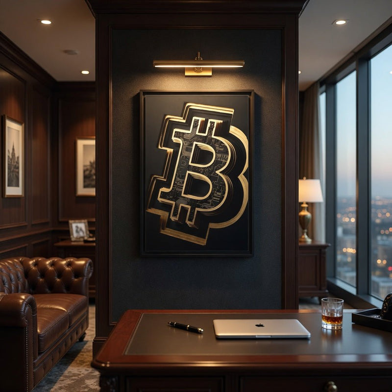Framed canvas of the gold Bitcoin symbol on a dark panel