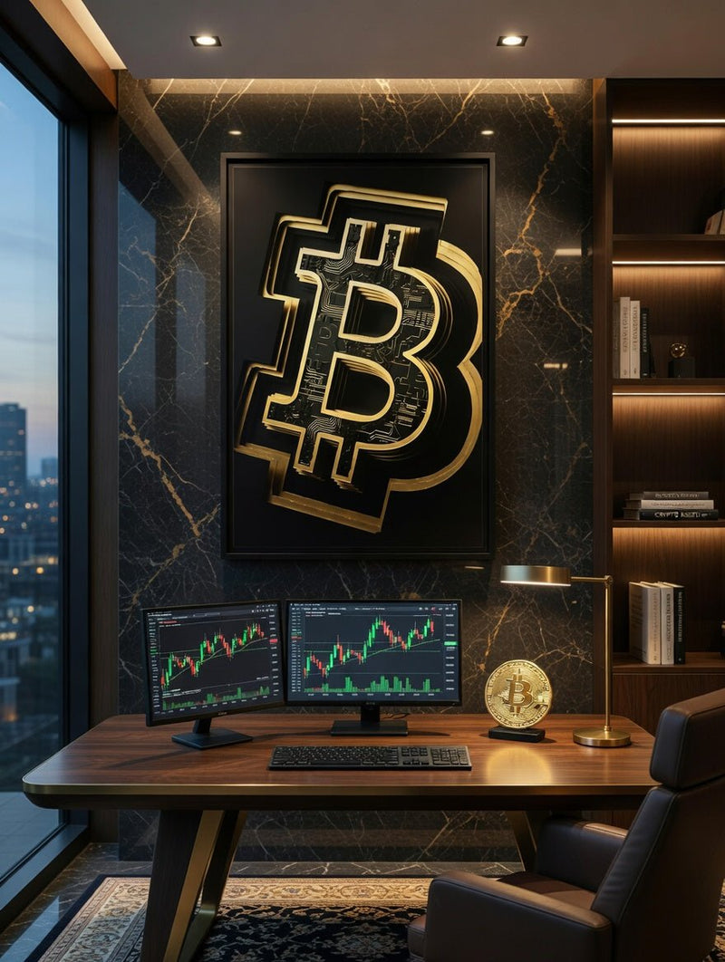 Framed gold Bitcoin logo canvas with dark background and black frame