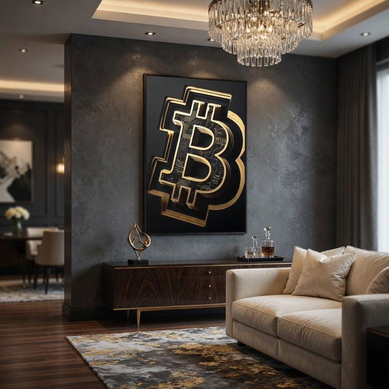 Framed canvas showing a gold Bitcoin symbol on a dark rectangular panel