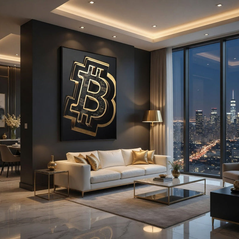 Framed Bitcoin symbol canvas with gold artwork on dark background