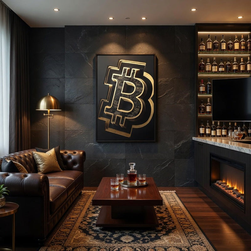 Framed canvas with gold Bitcoin B emblem on dark background in black frame