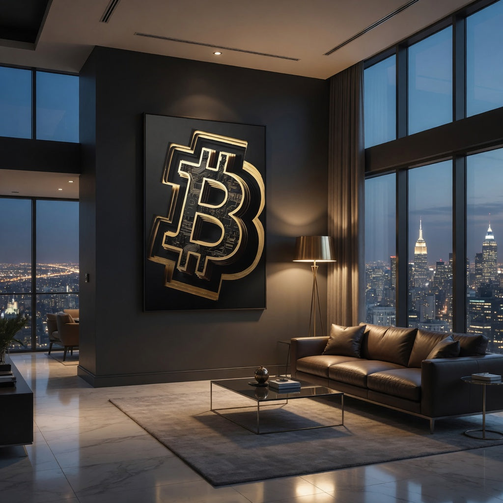 Gold Bitcoin Symbol Matte Framed Canvas — Crypto Wall Art for Office & Home