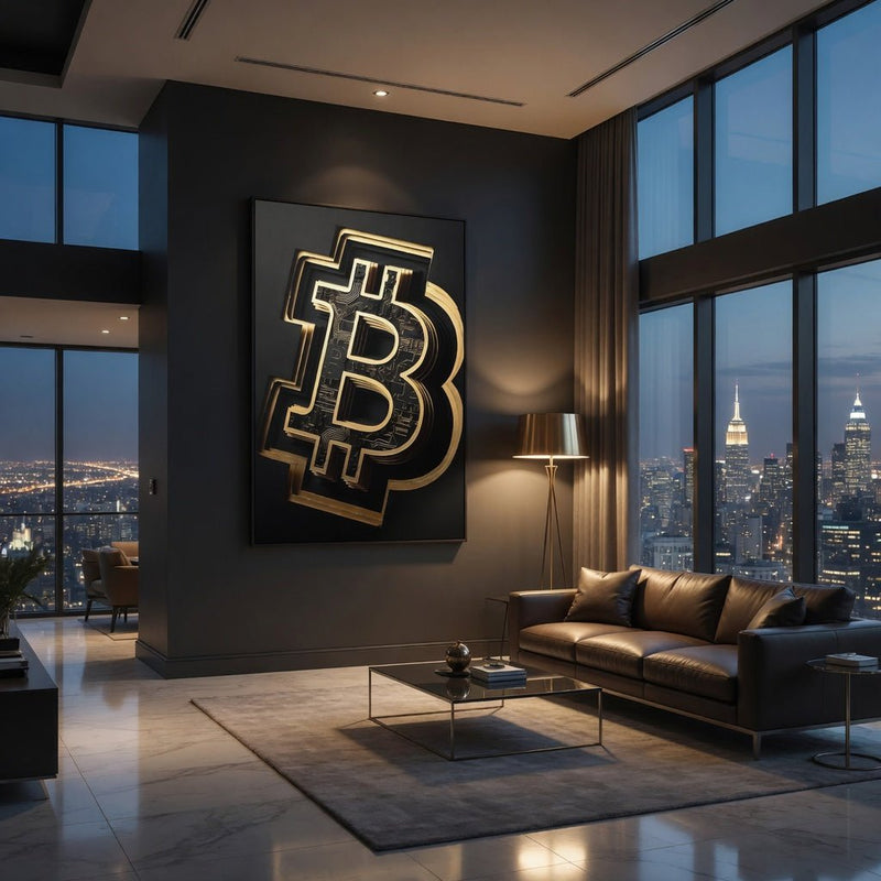 Framed canvas wall art with matte frame, gold Bitcoin symbol on black background