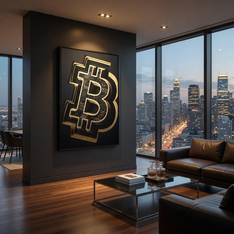 Framed canvas wall art, matte black backing with gold Bitcoin emblem