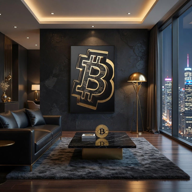 Framed canvas wall art with matte frame, gold Bitcoin symbol on dark background