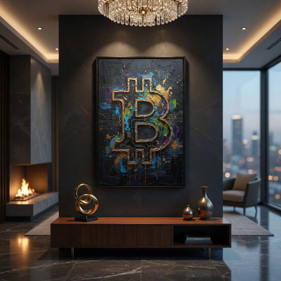 Framed matte canvas with textured Bitcoin emblem, blue and gold accents on dark background.