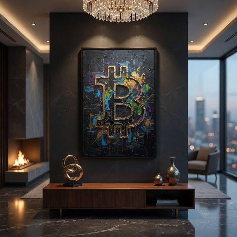 Framed matte canvas with textured Bitcoin emblem, blue and gold accents on dark background.