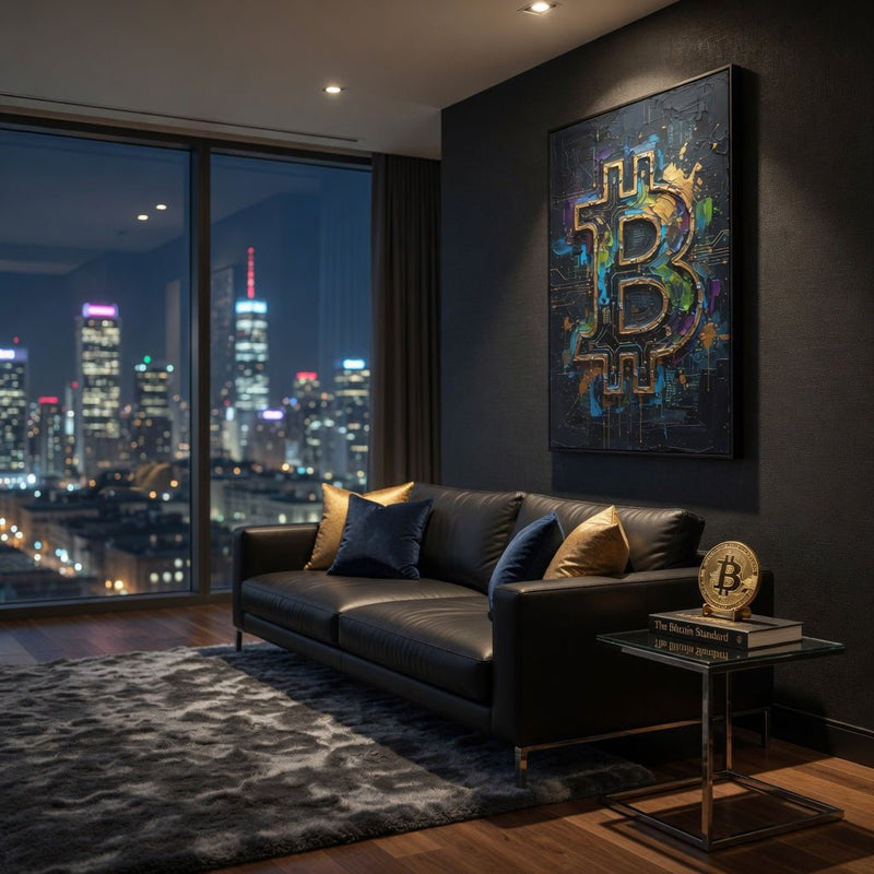 Framed matte canvas wall art with textured Bitcoin logo in blue, gold, and dark tones.