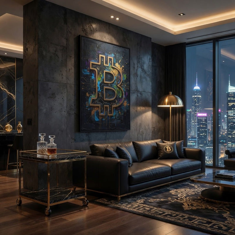 Framed Bitcoin B logo canvas wall art with gold circuit lines and blue accents