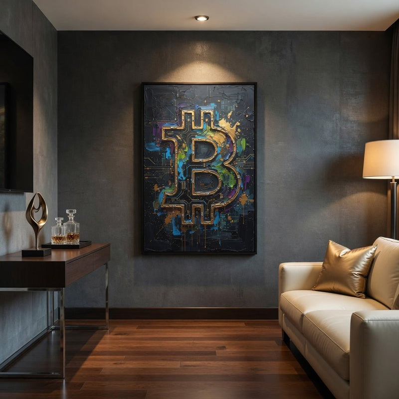 Framed Bitcoin B logo canvas wall art featuring gold and blue circuit linework
