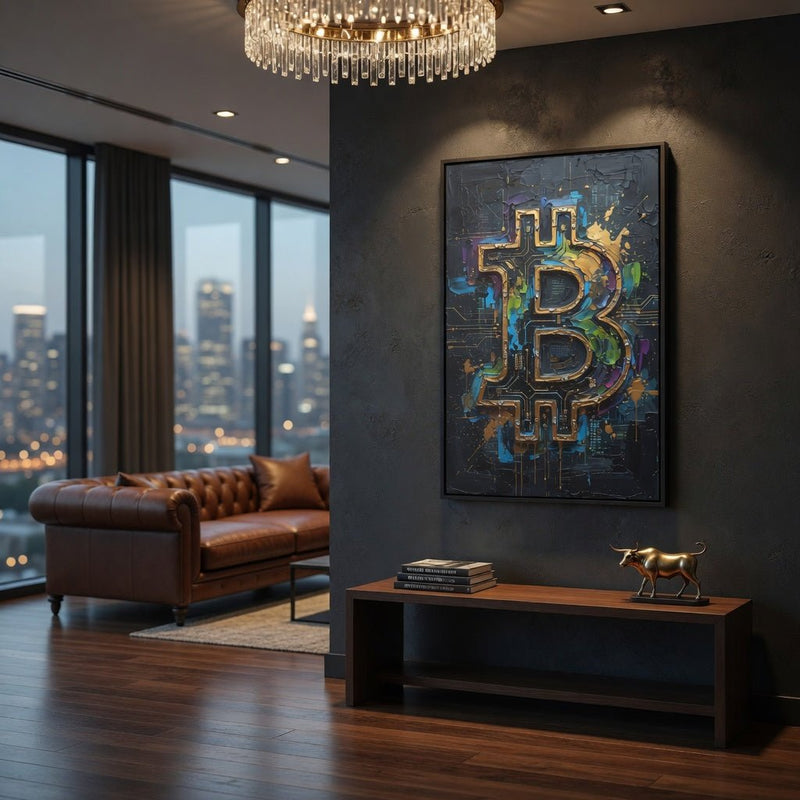 Framed Bitcoin B logo canvas print with multicolor gold circuit overlay on dark canvas