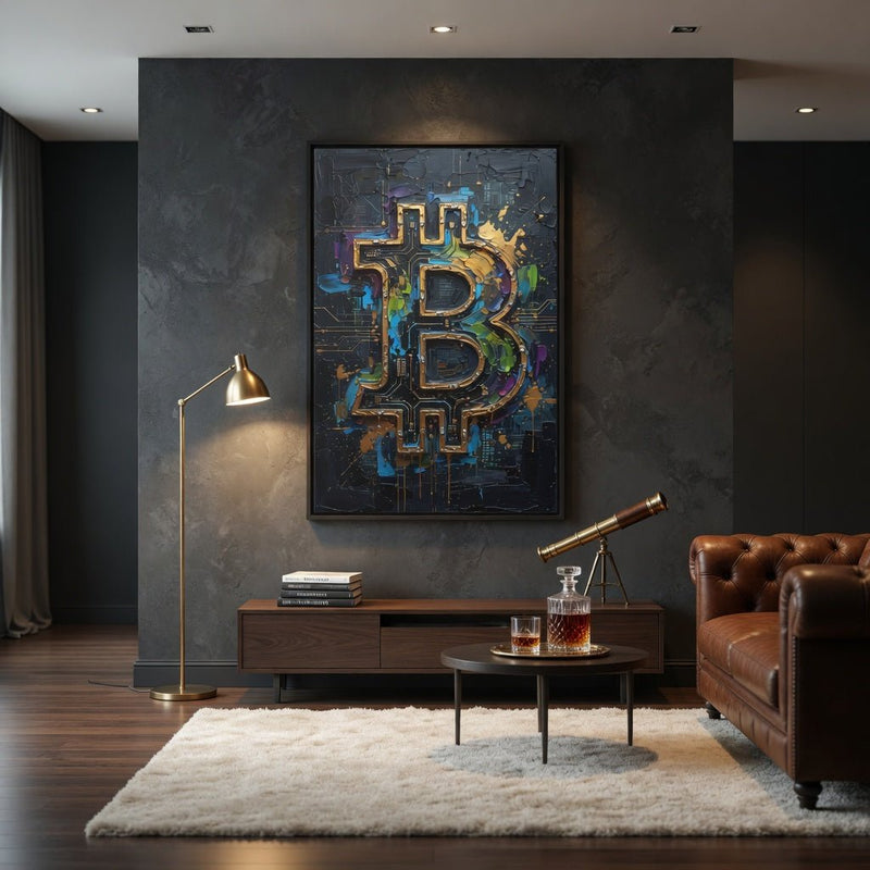 Framed Bitcoin B logo canvas wall art with blue, gold, and purple circuit motif
