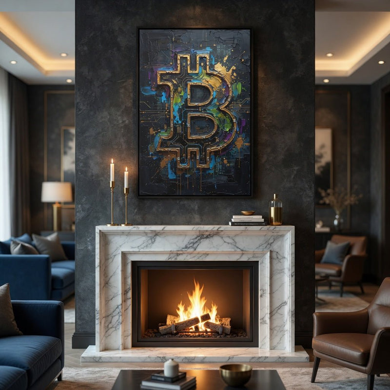 Framed Bitcoin B logo canvas wall art with blue, gold, and purple abstract circuit details