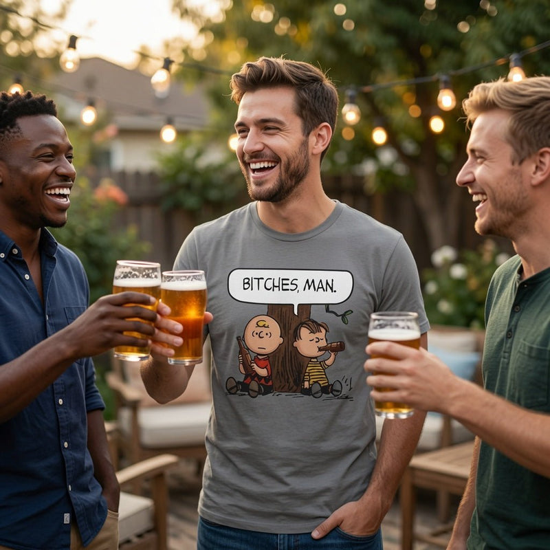 Grey crewneck t-shirt with cartoon characters and “BITCHES, MAN.” front print