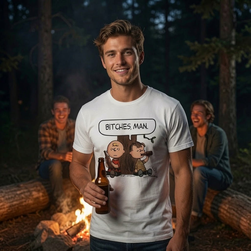 White graphic T-shirt with comic characters and 'BITCHES, MAN.' print