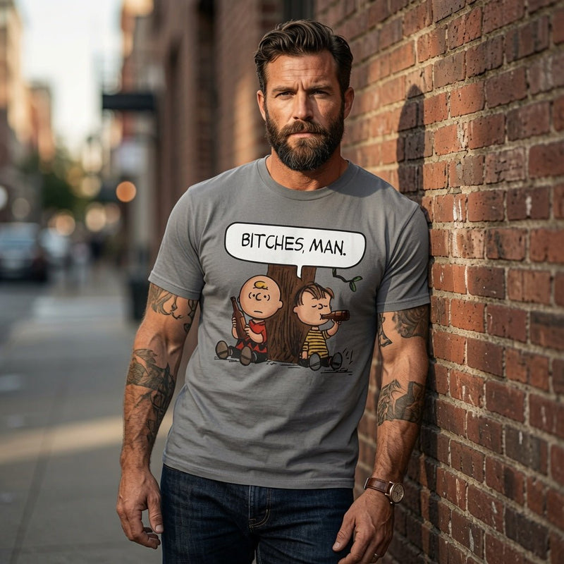 Gray crew-neck graphic t-shirt with “BITCHES, MAN.” comic character front print