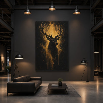 Vertical canvas print of a gold-toned stag with antlers on black