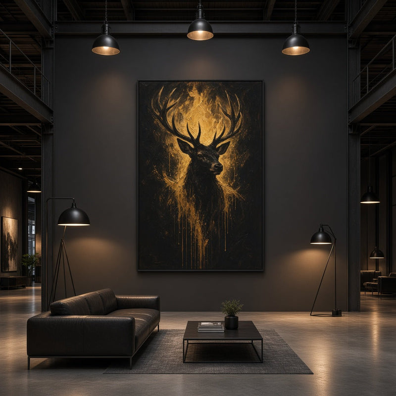 Vertical canvas print of a gold-toned stag with antlers on black