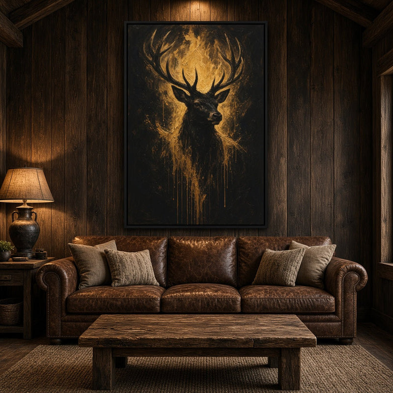 Framed black canvas artwork with a gold stag and dripping paint effect