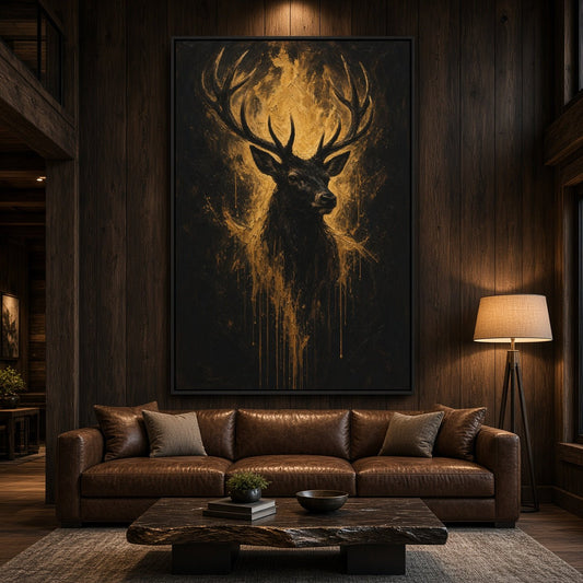 Black canvas wall art with a gold-toned deer head and antlers