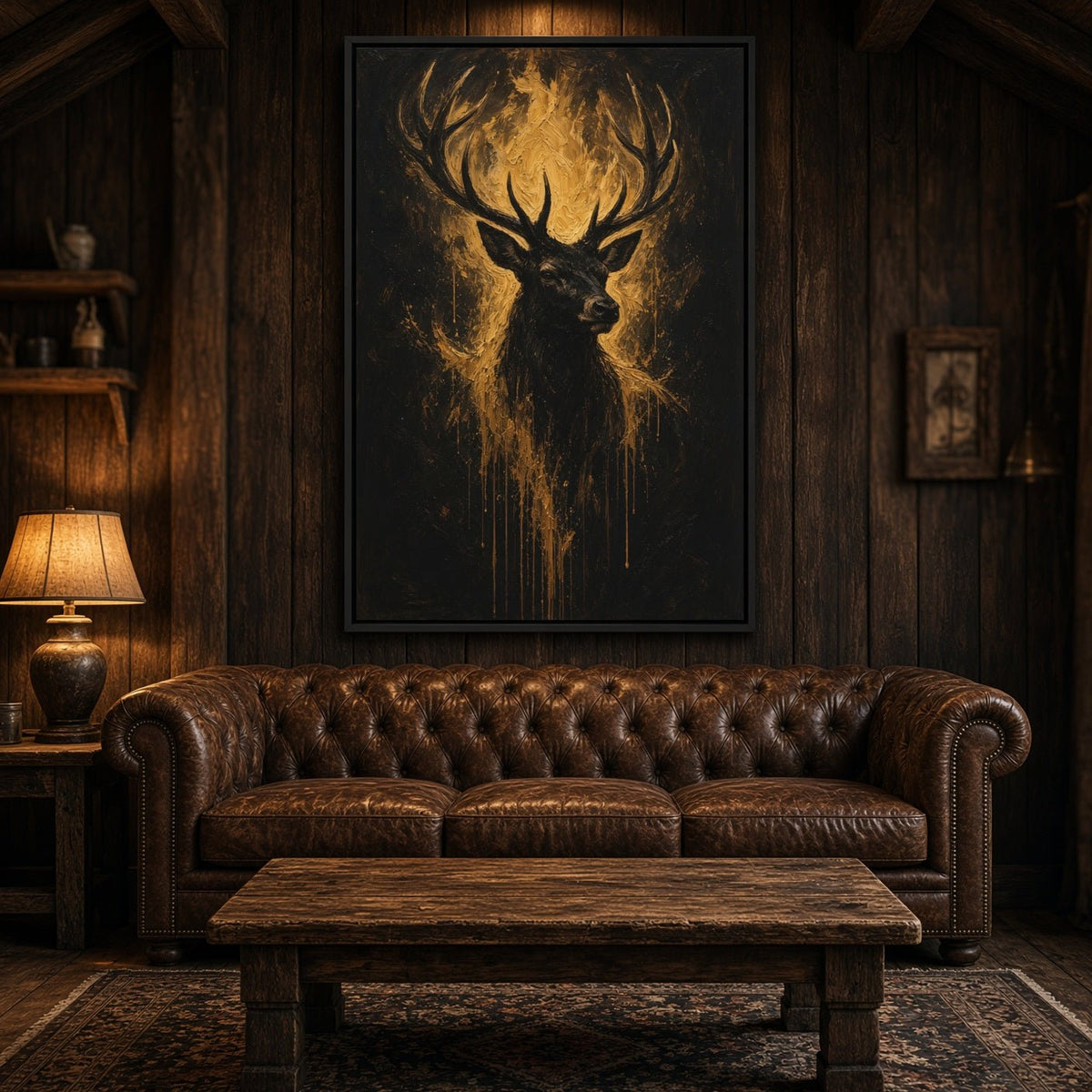 Large black canvas art showing a gold-toned stag with branching antlers