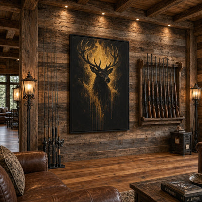 Gold-toned stag on black canvas, shown at an angled view