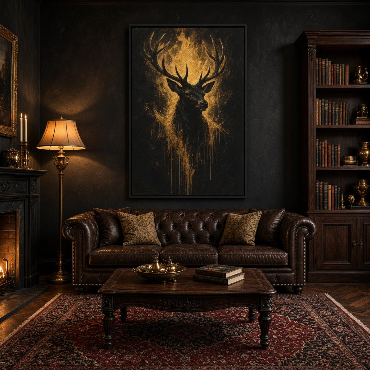 Black canvas print featuring a gold-toned stag with large antlers