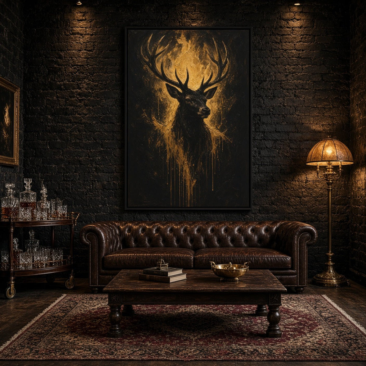 Black canvas with a gold deer portrait and long dripping strokes