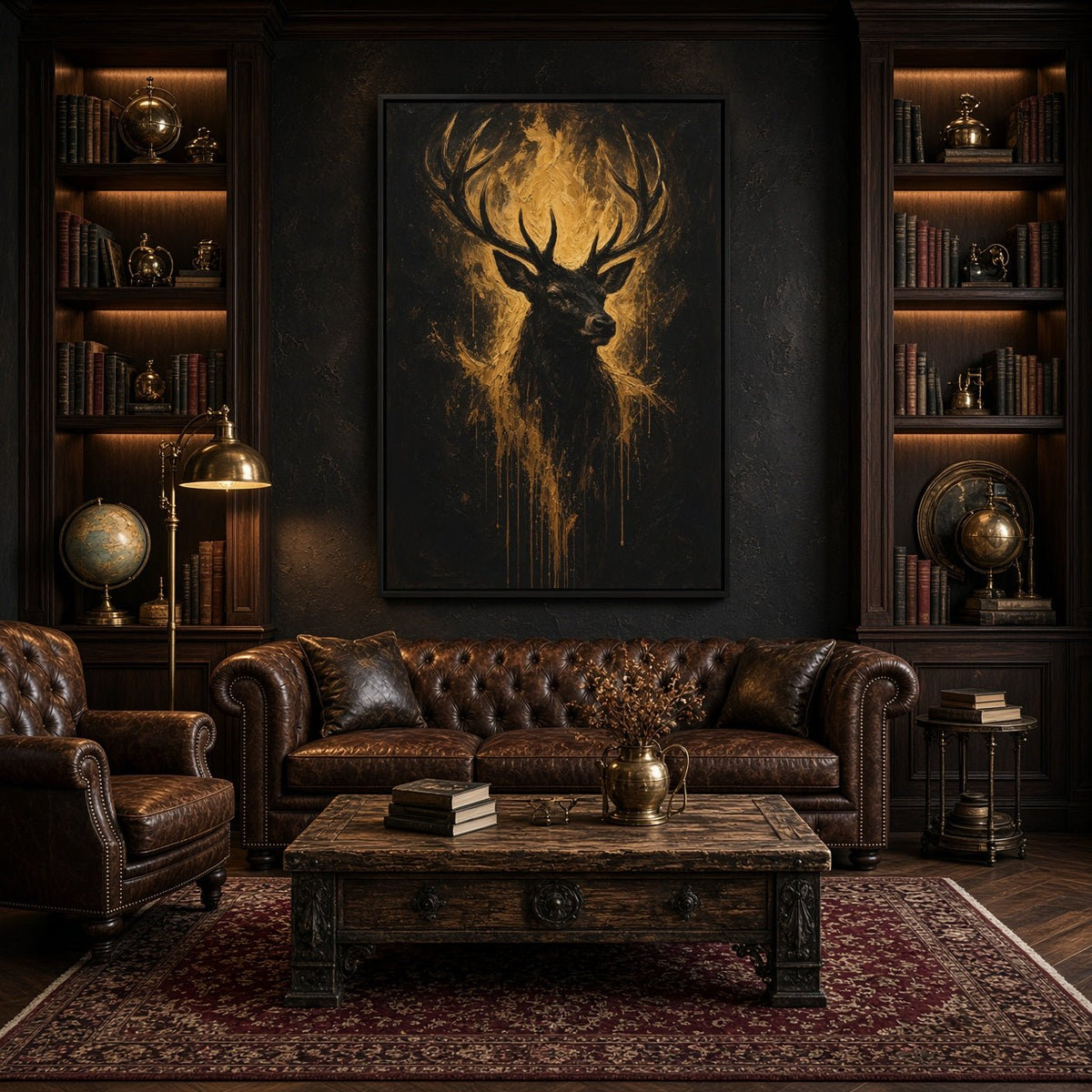 Black canvas deer artwork with gold brushstrokes and dripping details