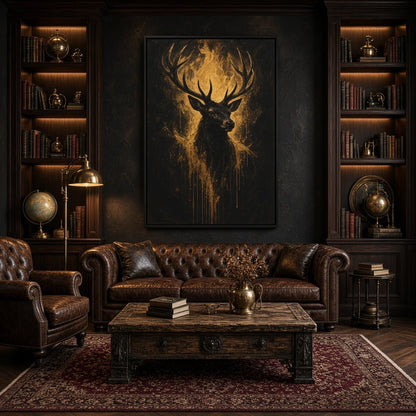 Black canvas deer artwork with gold brushstrokes and dripping details