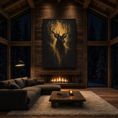 Gold-toned stag canvas print on a black background