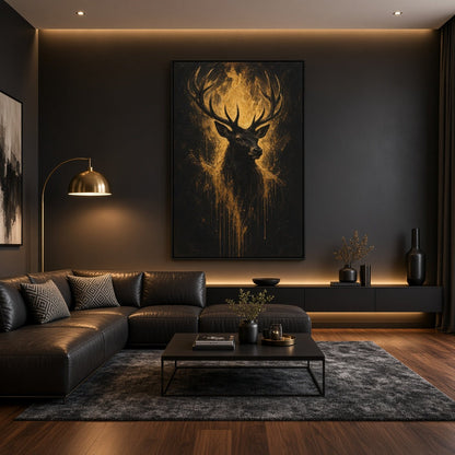 Black canvas wall art depicting a gold-toned deer head and antlers