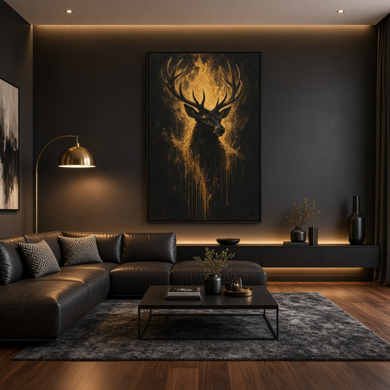 Black canvas wall art depicting a gold-toned deer head and antlers