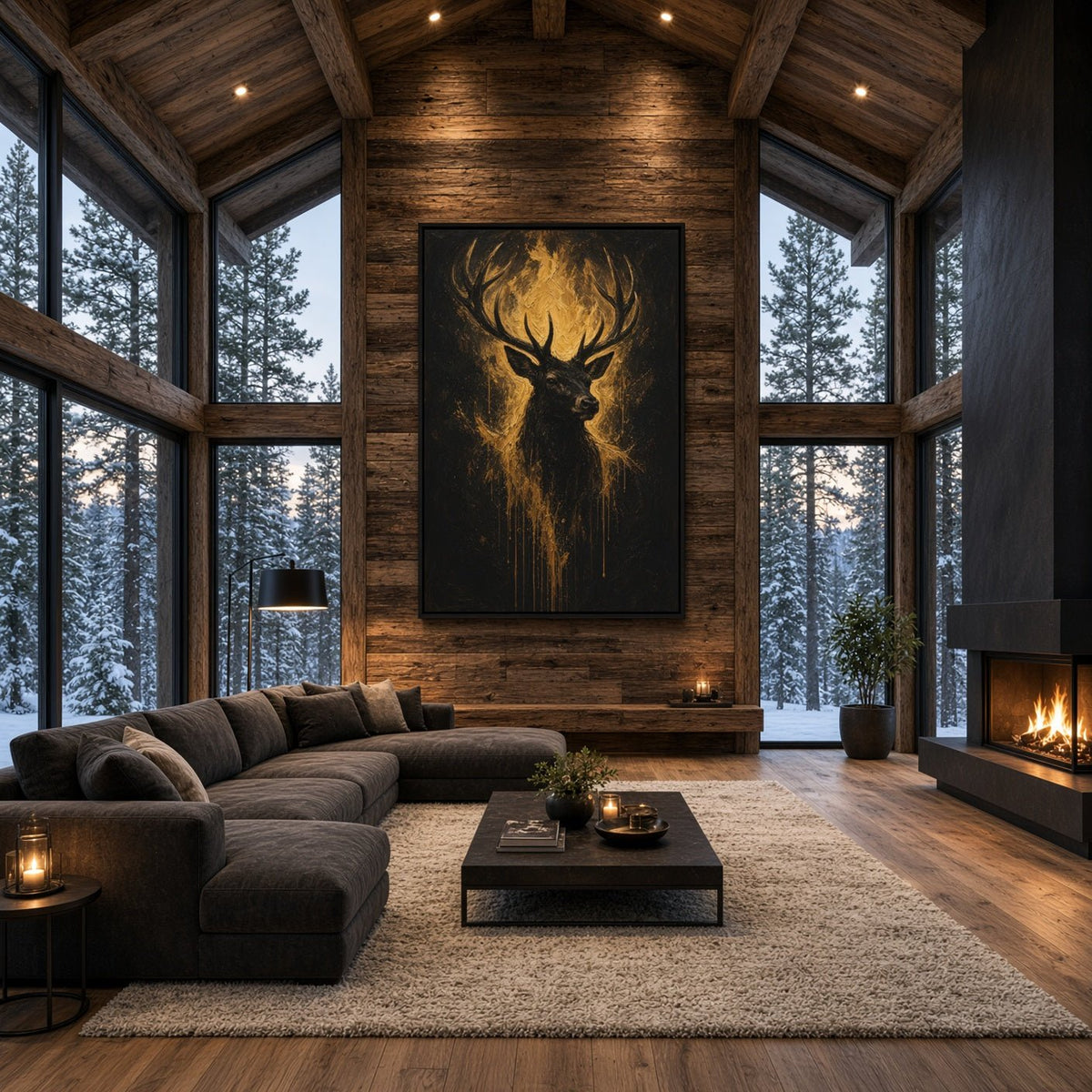Vertical black canvas print of a gold-toned stag and antlers