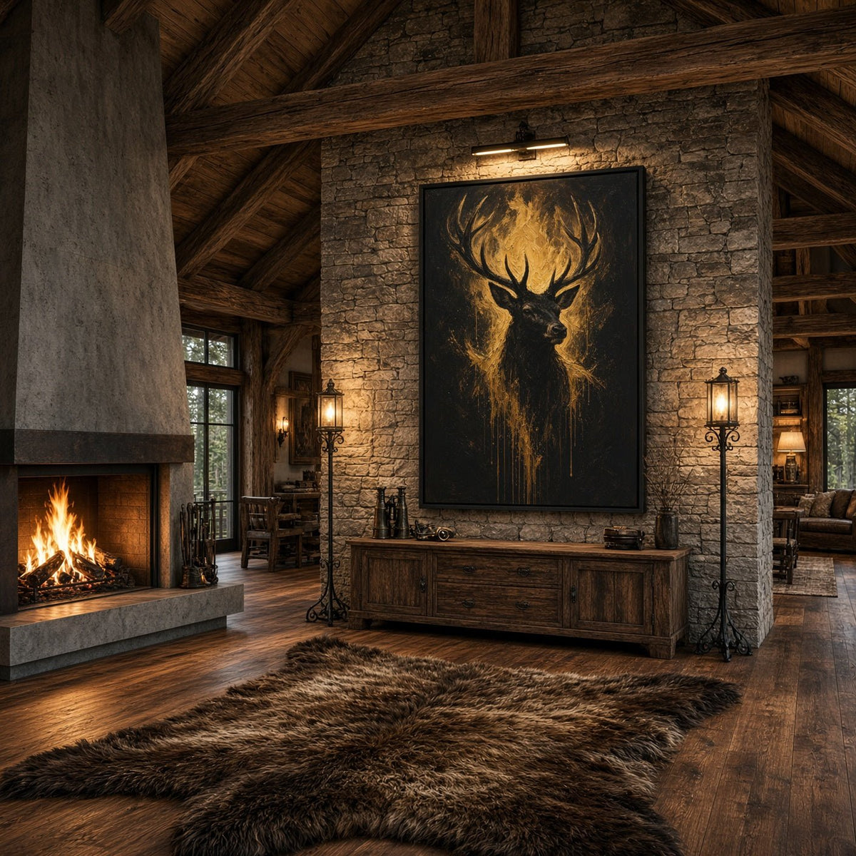 Framed black canvas featuring a gold-toned deer with large antlers