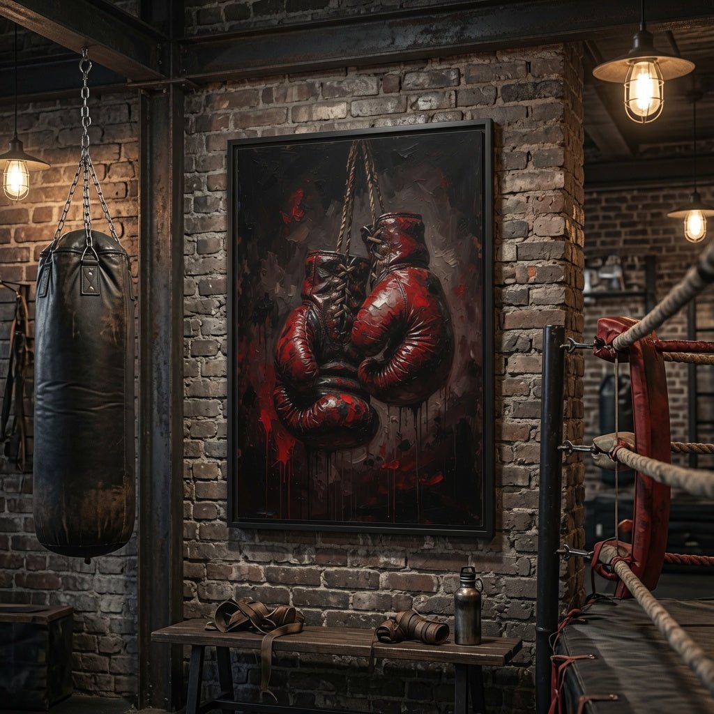 Framed boxing gloves canvas print with red gloves and dark gritty background