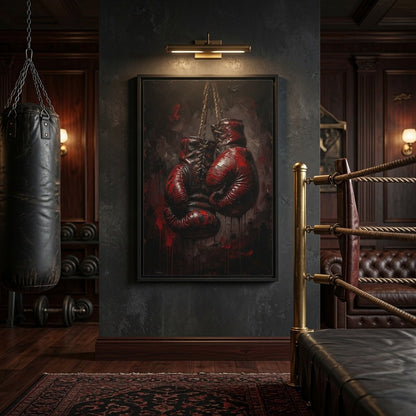 Framed boxing gloves canvas print, red glove pair with distressed grunge texture