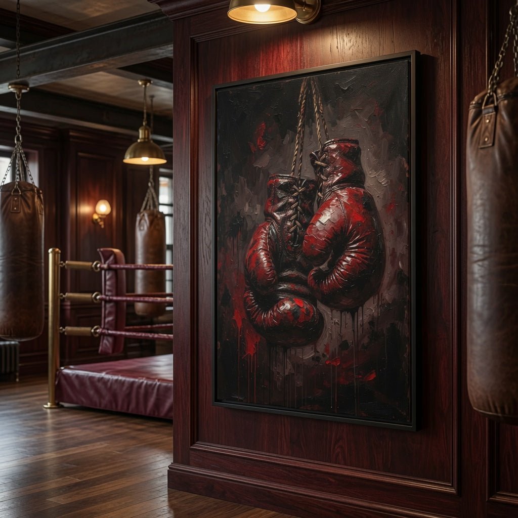 Framed boxing gloves wall art canvas, red gloves with chain detail and dark tones