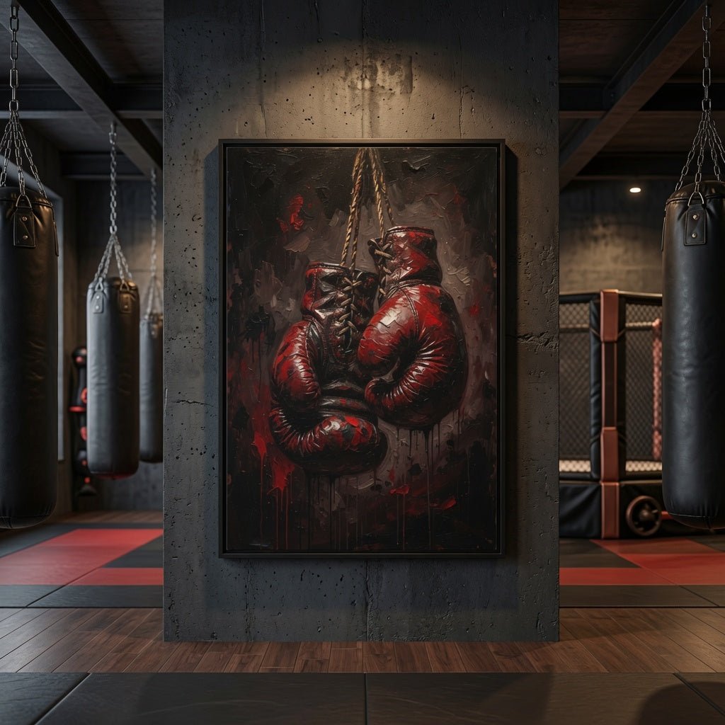 Framed boxing gloves canvas print with red boxing glove pair and dangling chain