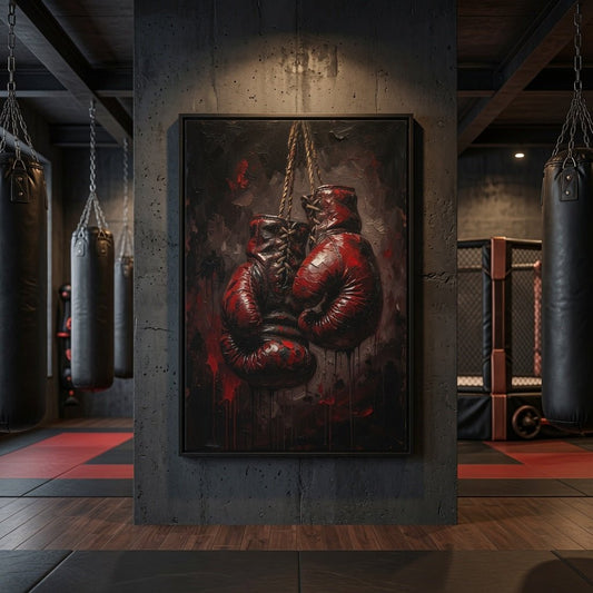 Framed boxing gloves canvas print with red boxing glove pair and dangling chain