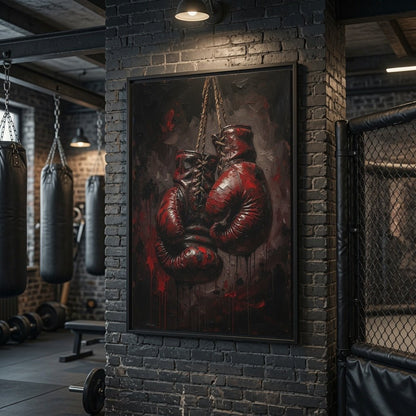 Framed boxing gloves canvas print featuring red gloves and dark gritty speckled style