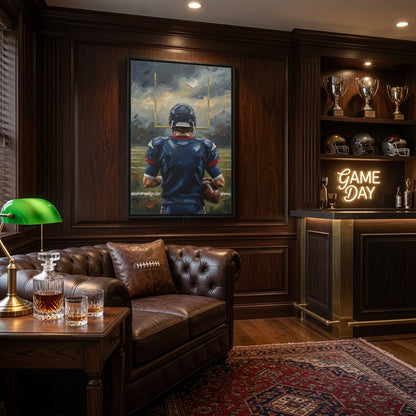 Framed football wall art with black frame, blue jersey player facing away, yellow goalposts