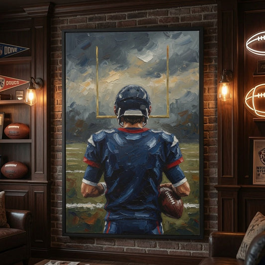 Framed football canvas art with black frame, blue player figure from behind with yellow goalposts