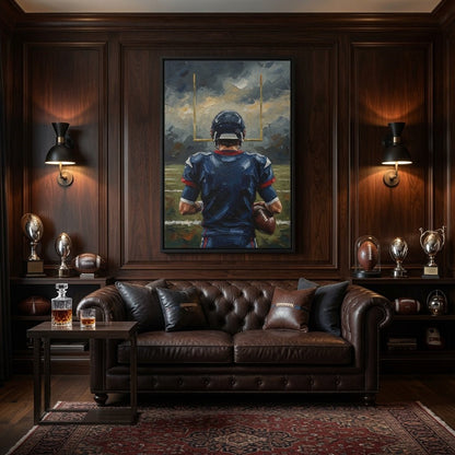 Framed football wall art with black frame, blue jersey player seen from the back, rising goalposts