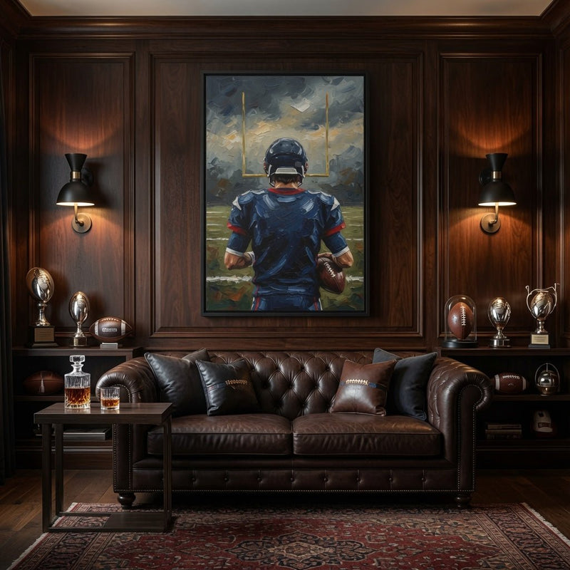 Framed football wall art with black frame, blue jersey player seen from the back, rising goalposts