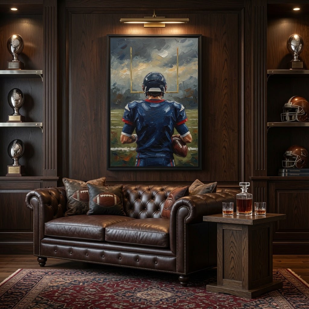 Framed football canvas art with black frame, blue uniform player from behind, yellow goalposts