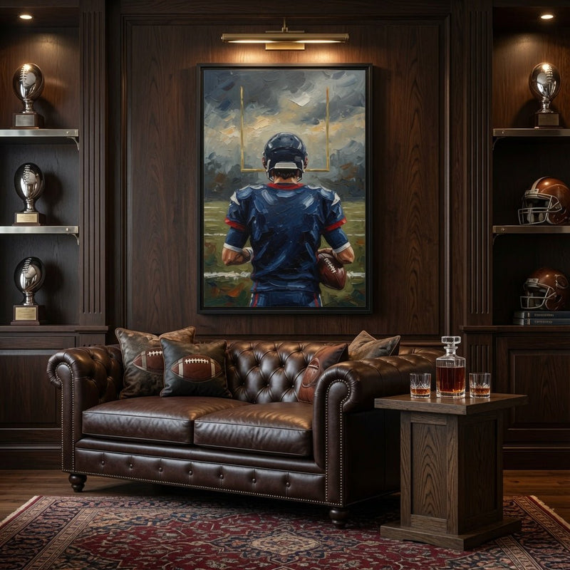 Framed football canvas art with black frame, blue uniform player from behind, yellow goalposts