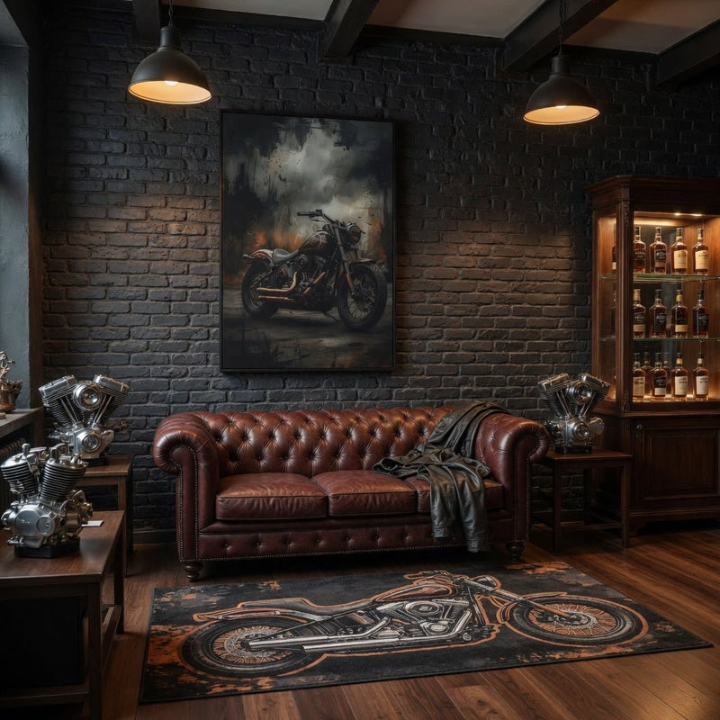 Framed matte canvas motorcycle wall art with vintage bike print in muted, smoky colors.