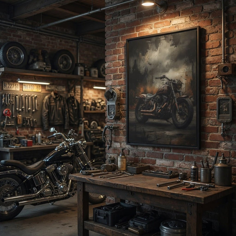 Black framed matte canvas wall art featuring a vintage cruiser motorcycle.