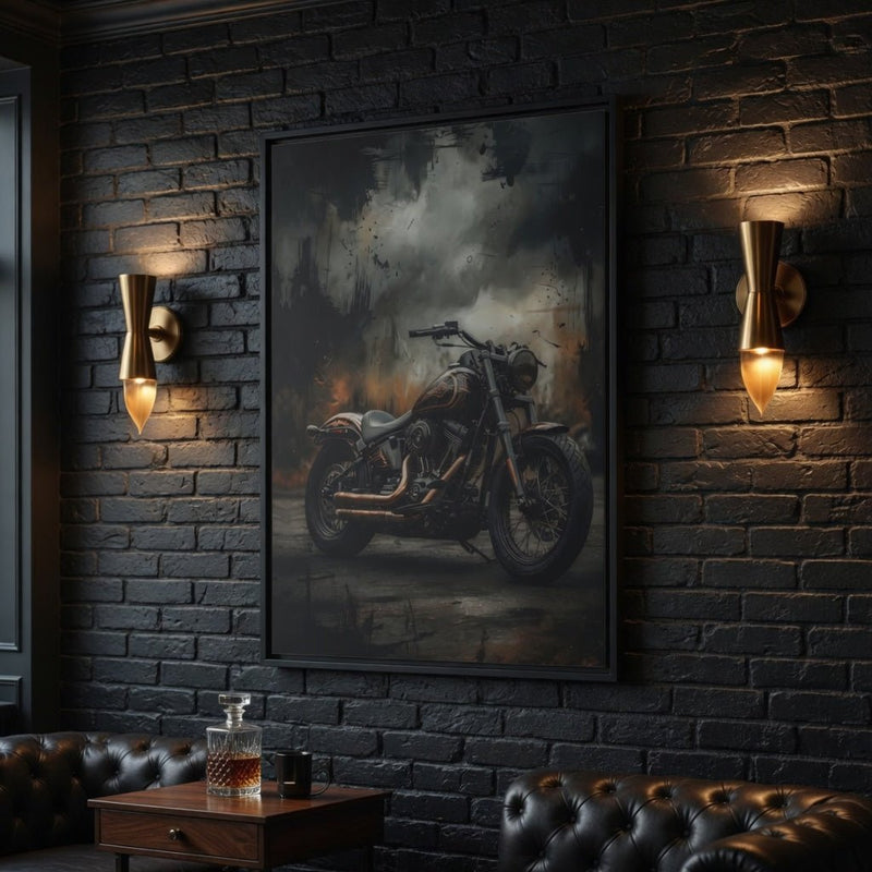 Framed matte canvas wall art with cruiser motorcycle scene, black frame